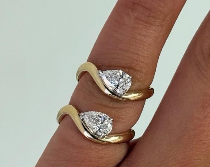 Pear Moissanite East West Pinky Ring, 14K Gold 1.25 Ct Solitaire Ring For Women, Tilted Pear Engagement Travel Ring, Anniversary Gift