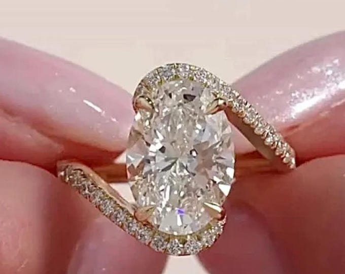Oval Lab Grown Diamond Ring, Bypass Pave Band Engagement Ring, Wedding Gift For Her