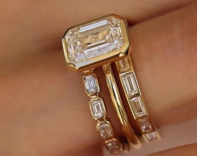 Emerald Cut Moissanite Engagement Ring Set, 3 Piece Bridal Set, 14K Solid Gold Bezel Set Wedding Ring, Anniversary Gift