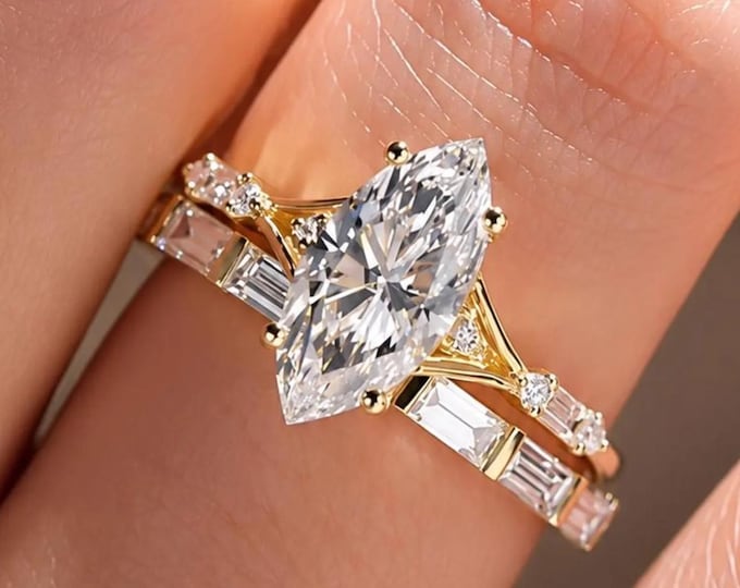 Marquise Cut Moissanite Engagement Ring, 14K Gold Bridal Set, Vintage Inspired Wedding Ring, Eternity Band, Unique Proposal Ring