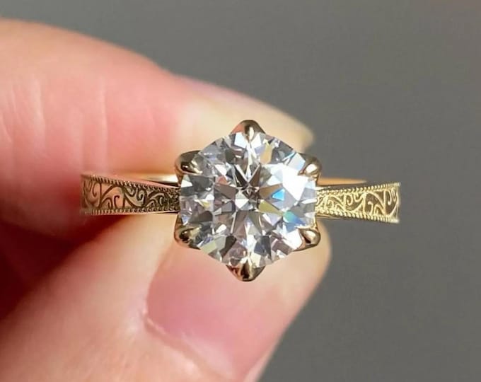 Round Cut Moissanite Engagement Ring, 14K Solid Gold Designer Engraving Filigree Band Bridal Ring, Wedding Anniversary Jewelry