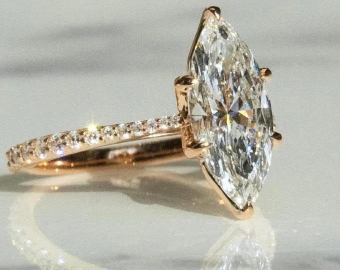 Marquise Moissanite Engagement Ring, 14K Solid Gold Pave Set Side Stone Ring,  Promise Ring, 1, 1.5, 2 CT Marquise Cut Ring