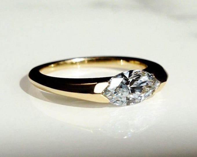 East West Marquise Cut Engagement Ring, 14K Solid Gold Dainty Minimalist Pinky Ring, Unique Bridal Jewelry, Gift for Her