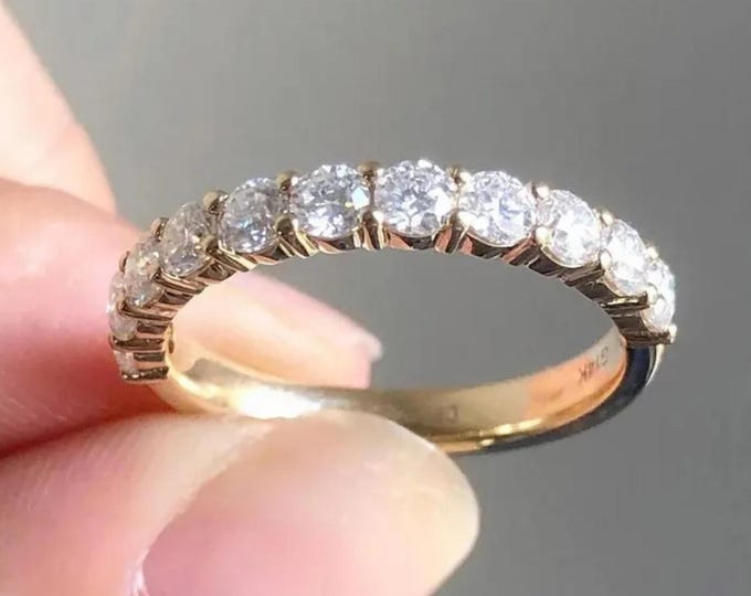 Round Cut Wedding Band For Her, 14K Solid Gold Engagement Ring, Half Eternity Stackable ring