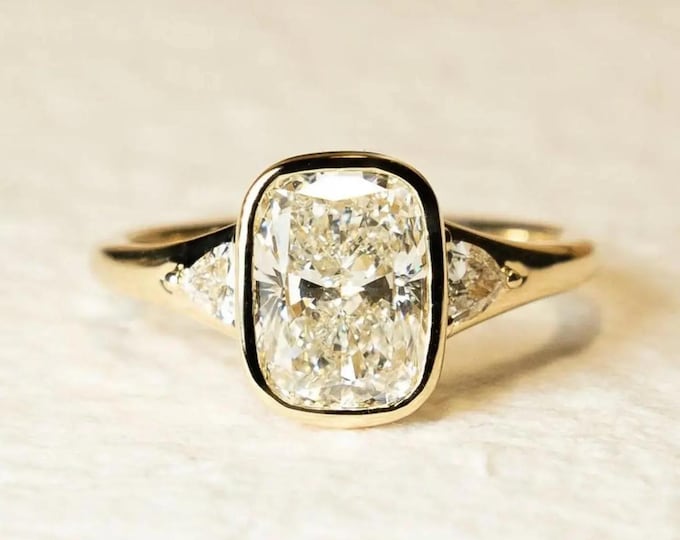 Elongated Cushion Cut Moissanite Bezel Engagement Ring, 18K Gold Three Stone Statement Ring, Past Present Future Proposal Jewelry