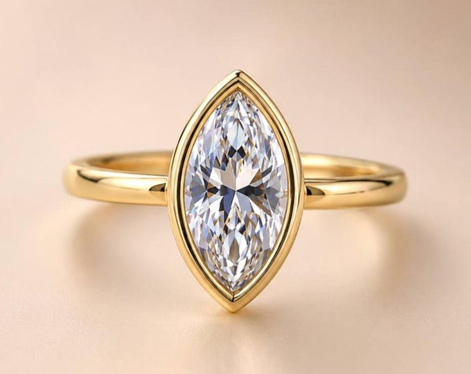 Marquise Cut Lab Grown Diamond Solitaire Ring, Bezel Set Diamond Ring, Eco Friendly Diamond Bridal Ring, 14K Solid Gold Wedding Ring For Her
