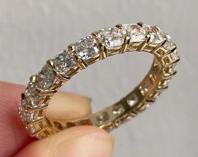 Cushion Cut Moissanite Wedding Band, 14K Solid Gold Full Eternity Engagement Band For Bride Stackable Anniversary Ring Bridal Jewelry