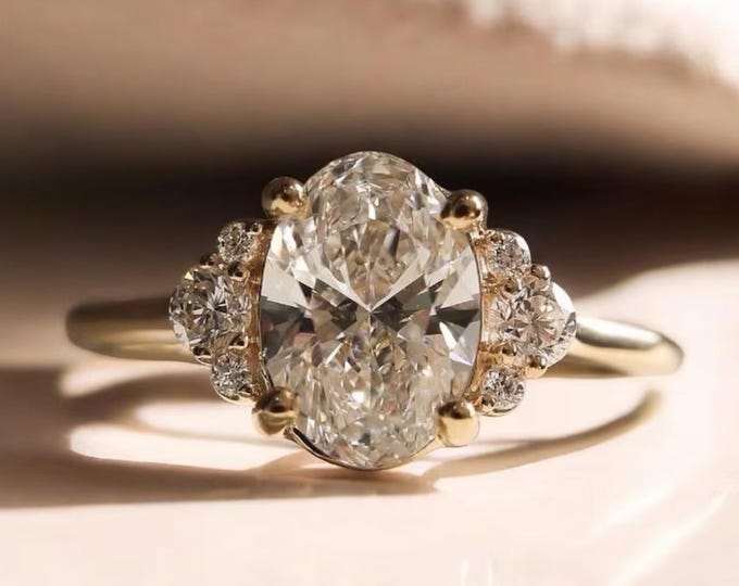 Oval Moissanite Cluster Engagement Ring, 14k Yellow Gold Proposal Ring, Bridal Ring