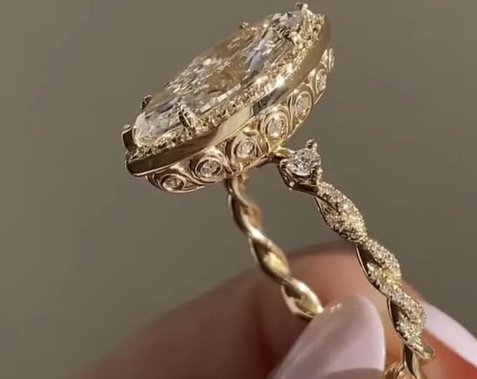 Marquise Cut Moissanite Engagement Ring, 14K Solid Gold Solitaire Hidden Halo Wedding Ring, Tulip Setting Twisted Band Bridal Ring