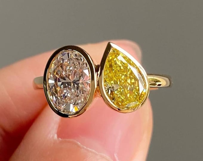 Toi Et Moi Diamond Ring, Oval & Pear Cut Lab Grown Diamond Engagement Ring, Canary Yellow Bezel Set Anniversary Ring, Two Stone Ring