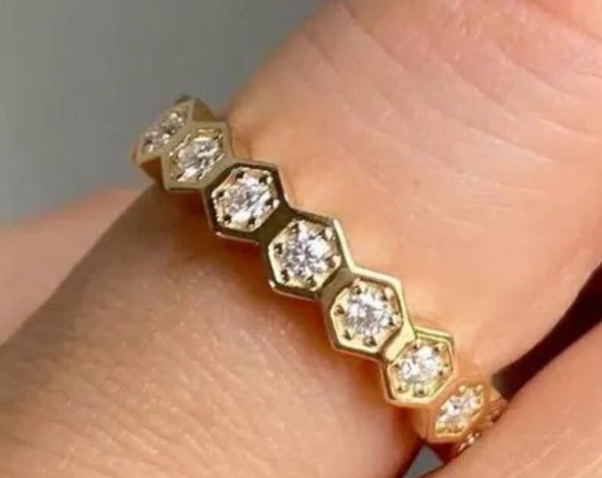 Round Cut Moissanite Hexagon Shape Wedding Band, 14K Solid Gold Minimalist Honeycomb Ring, Full Eternity Stackable Matching Engagement Band