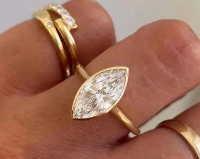 Marquise Cut Moissanite Solitaire Engagement Ring, Yellow Gold Bezel Set Wedding Ring, Comfort Fit Anniversary Ring for Women, Gift for Her