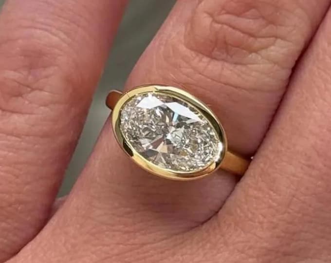 18K Solid Gold Oval Cut Moissanite Pinky Ring, Full Bezel Set Statement Ring, Minimalist Engagement Ring, Dainty Everyday Jewelry