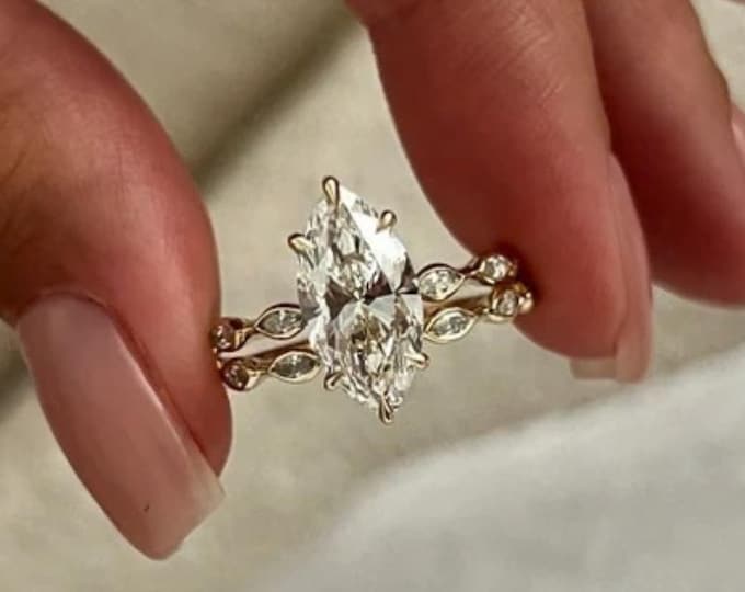 Marquise Cut Moissanite Engagement Ring Set, 14K Solid Gold Bridal Set Unique Art Deco Wedding Ring With Stackable Band