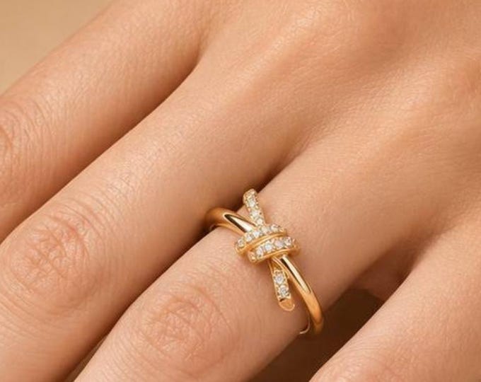 Gold love knot ring With Round Brilliant Moissanite, 10K/14K/18K Solid Gold Dainty Wedding Bow Ring, Anniversary Gift For Girlfriend