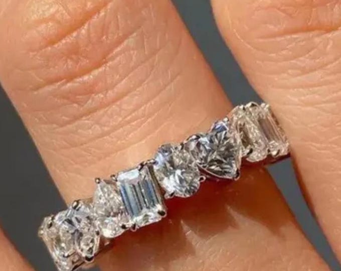 Multi Shape Moissanite Full Eternity Wedding Band, 14K Solid Gold Unique Stacking Ring, Matching Minimalist Band, Promise Ring For Her