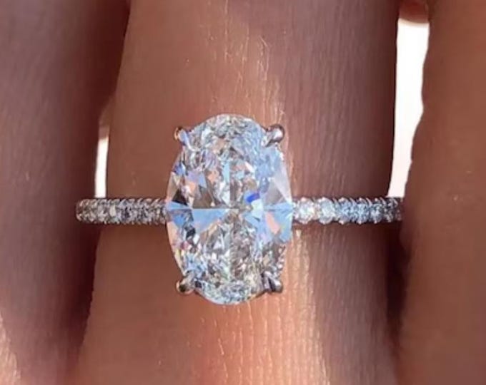 Oval Pave Band Engagement Ring, 2 CT Oval Cut Moissanite Solitaire Ring, 14K Gold Cathedral Setting Ring, Anniversary Ring, Handmade Jewelry