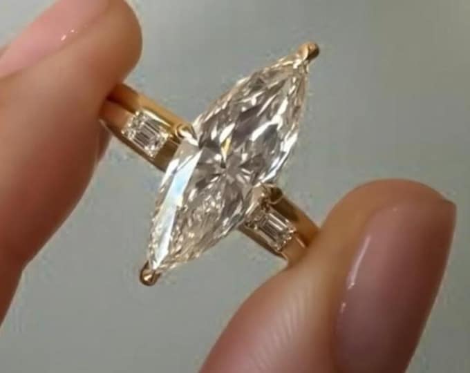 Elongated Marquise Cut Moissanite Engagement Ring Set, 14K Gold Solitaire Vintage Inspired Wedding Ring, Dainty Promise Band