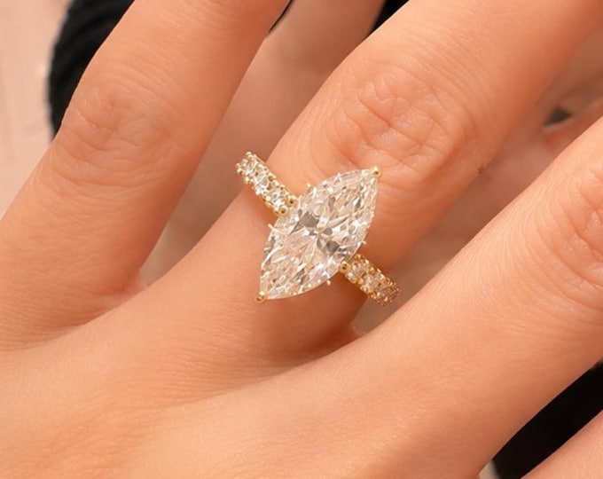 Celebrity Inspired Marquise Moissanite Engagement Ring, 14K Solid Gold Pave Set Statement Ring, Anniversary Ring Gift For Her, Promise Ring