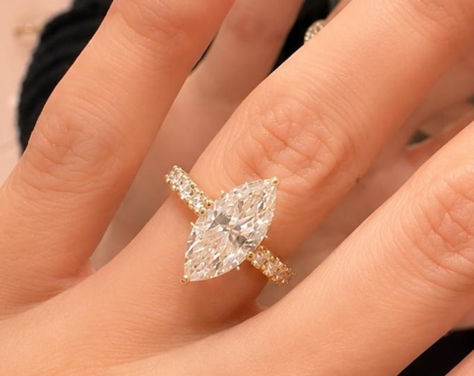 Celebrity Inspired Marquise Moissanite Engagement Ring, 14K Solid Gold Pave Set Statement Ring, Anniversary Ring Gift For Her, Promise Ring