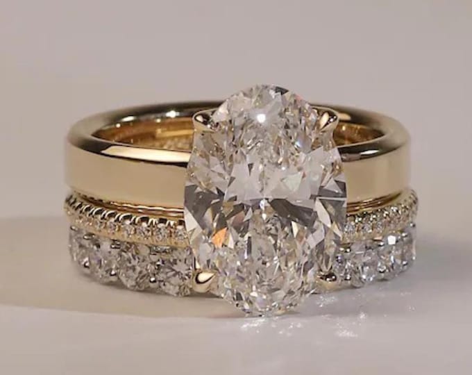 Oval Cut Moissanite Wedding Ring Set, 14K Gold Vintage Bridal Set With Art Deco Matching Band Anniversary Gift