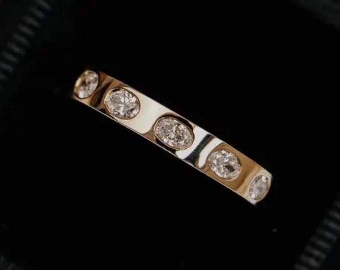 East West Oval Cut Moissanite Wedding Band, Wide Flush Set Ring, 18K Solid Gold Engagement Ring, Stacking Bridal Band Gift For Her