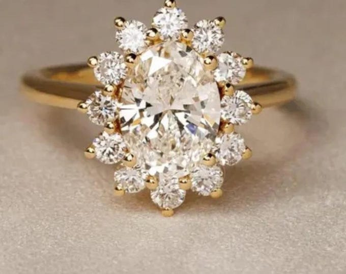 Oval Moissanite Halo Engagement Ring, Vintage Oval Moissanite Ring, Dainty Gold Halo Ring, Oval Promise Ring, Bridal Custom Ring
