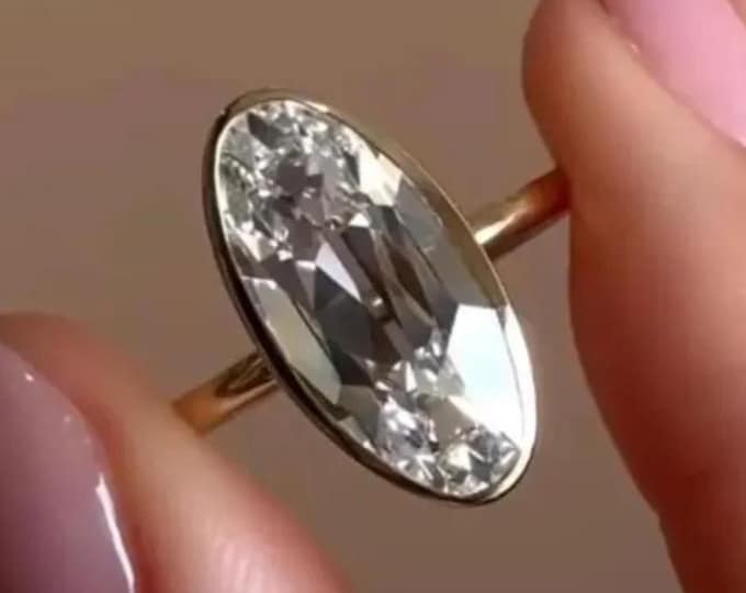 Elongated Oval Cut Moissanite Engagement Ring, 14K Gold Solitaire Bezel Set Wedding Ring, Modern Bridal Jewelry, Promise Ring