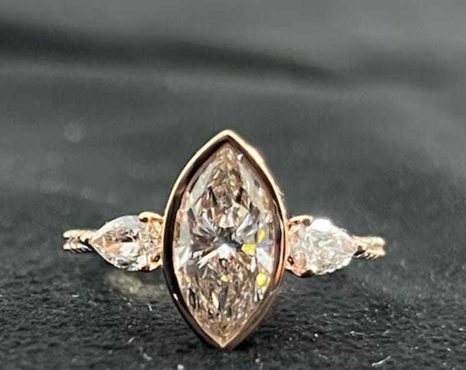 1.50ct Marquise Cut Moissanite Three Stone Engagement Ring, 14K Gold Bezel Set Proposal Ring, Anniversary Gift