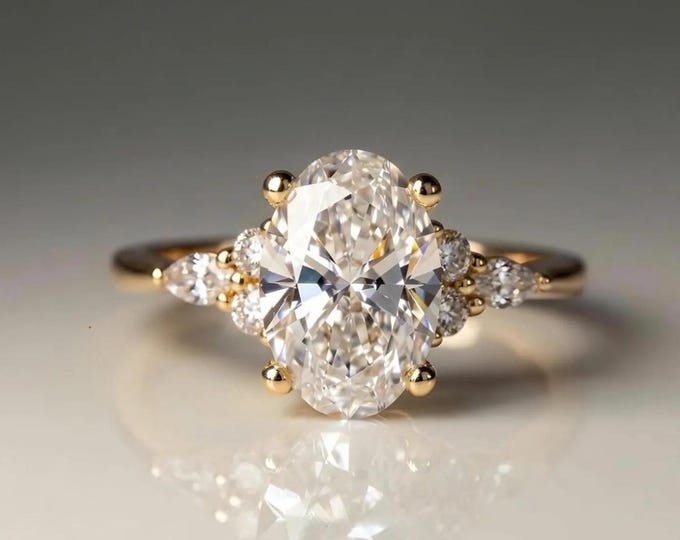Oval Cut Lab Grown Diamond Engagement Ring, 14K Yellow Gold Muse Cluster Wedding Ring, Bridal Ring