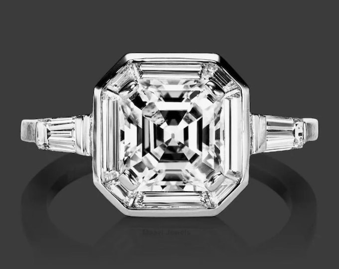 Three Stone Asscher Cut Moissanite Engagement Ring, 14K Solid Gold Bezel Set Ring, Accent Baguette Side Stone, Wedding Anniversary Ring