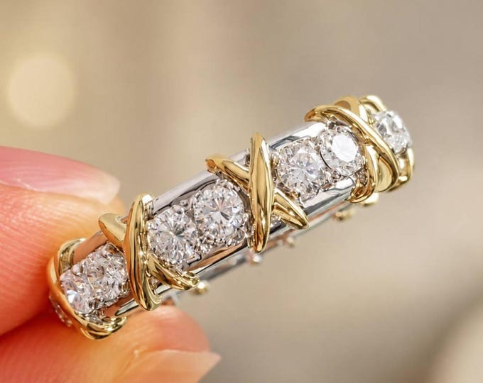Jean Schlumberger Moissanite Diamond Set Wedding Band X Ring Full Eternity Band Sixteen Stone Ring Two Tone Wedding Band Anniversary Band