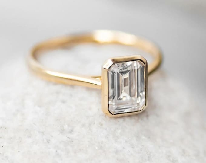 1CT Emerald Cut Moissanite Engagement Ring, Anniversary Ring For Women, Bezel Set Wedding Promise Ring, Gold Ring, Proposal Ring