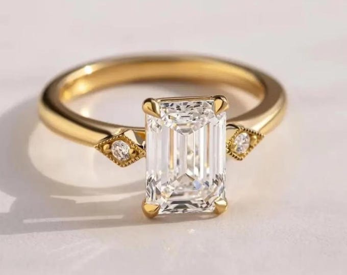 Emerald Cut Moissanite Engagement Ring, Three  Stone Wedding Ring, Gold Milgrain Side Stone Ring, Bridal Jewelry, Anniversary Gift