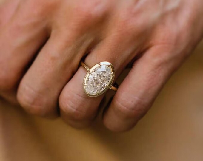 Art Deco Oval Cut Moissanite Solitaire Engagement Ring, 14K Solid Gold Statement Ring, Elegant Promise Ring For Her, Unique Bridal Jewelry