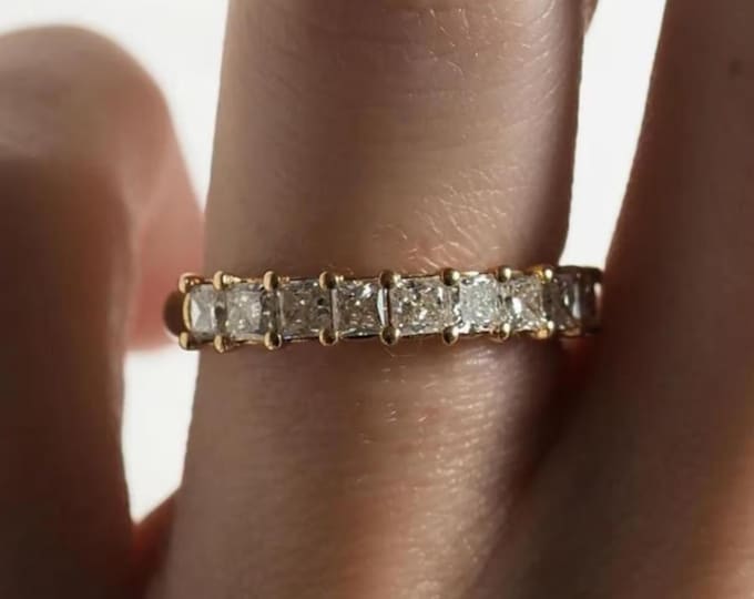 3.50 MM Princess Cut Colorless Moissanite Eternity Ring, Matching Wedding Band, Comfort Fit Band, Shared Prong Ring, Anniversary Gift Ring
