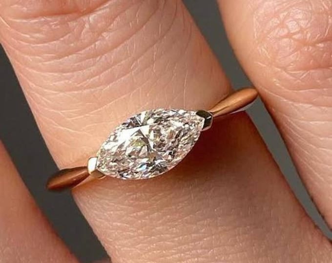 East West Marquise Cut Lab Grown Diamond Engagement Ring, 14K Yellow Gold V Prong Set CVD Diamond Ring, IGI Certified Anniversary Ring