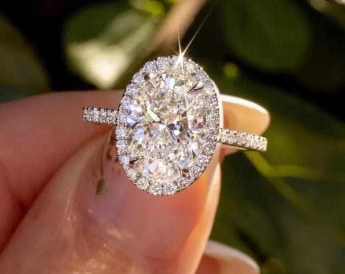 Oval Cut Lab Diamond Halo Engagement Ring, Pave Set Lab Grown Diamond Accent Ring, Prong Set Diamond Ring, 14K White Gold Anniversary Ring