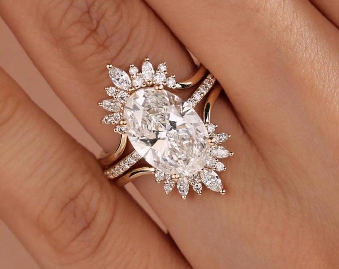 Oval Cut Moissanite Engagement Ring Set, 14K Solid Gold Bridal Set,  Art Deco Matching Statement Ring, Stackable Wedding Band