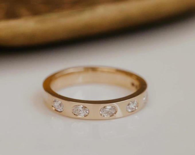 Oval Cut Moissanite Stacking Wedding Band, 3.50mm Wide Delicate Flush Set Half Eternity Engagement Band,14K Gold Flush Setting Stacking Band