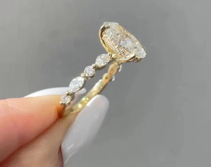 3CT Oval Cut Moissanite Engagement Ring with Hidden Halo and Marquise Pave Diamond Ring, 14K Solid Gold Half Eternity Oval Moissanite Ring