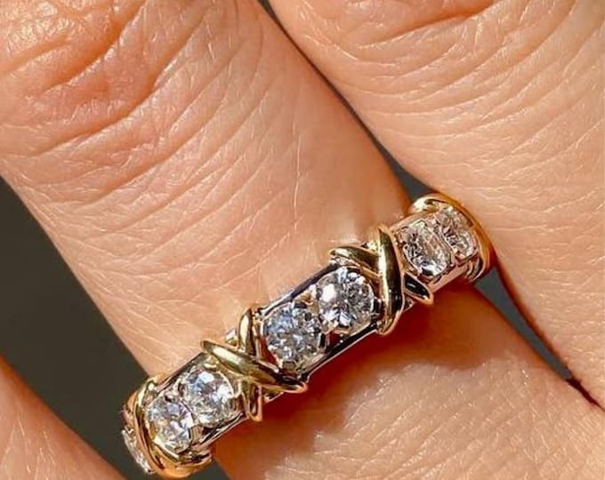 Jean Schlumberger Design Inspired Moissanite Diamond Wedding Band Signature X Ring Sixteen Diamond Ring Eternity Cross Stitch X Diamond Band