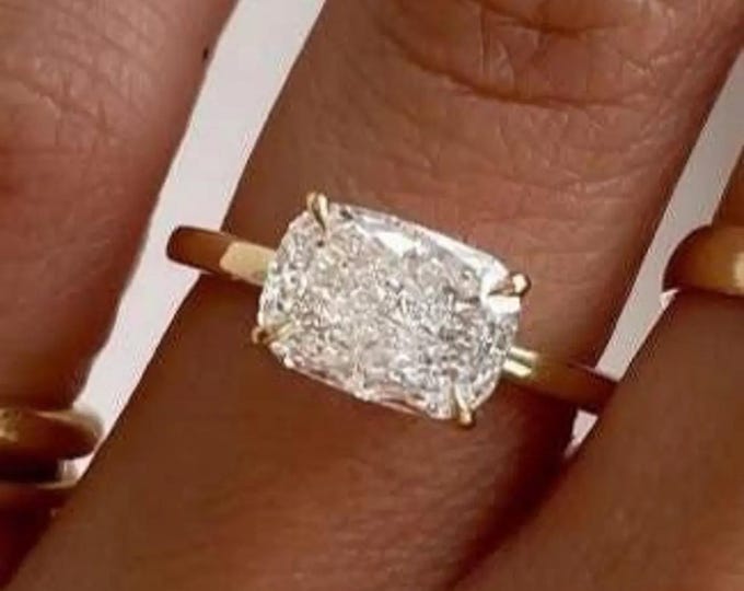 East West Elongated Cushion Cut Moissanite Engagement Ring, Solid Yellow Gold Prong Setting Wedding Ring, Custom Anniversary Gift For Her