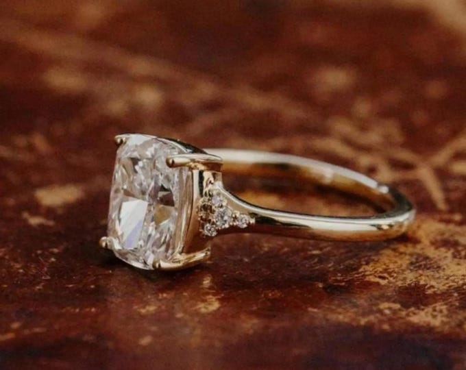 Elongated Cushion Cut Moissanite Engagement Ring, Antique Celebrity Style Cluster Solitaire Ring 925 Sterling Silver Wedding Bridal Jewelry