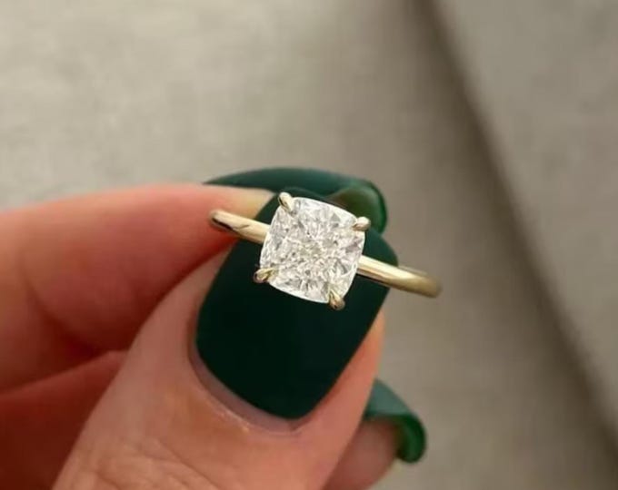Cushion Cut Moissanite Solitaire Engagement Ring, 14K Solid Gold Hidden Halo Proposal Ring, Wedding Jewelry For Women's