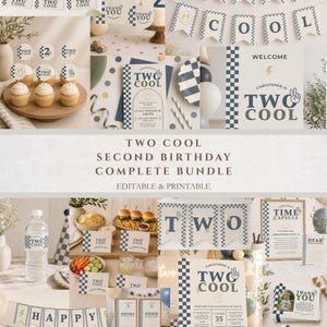 May include: A Two Cool second birthday party printable bundle featuring a checkered pattern in navy blue and cream. Includes banners, cupcake toppers, invitations, food labels, a welcome sign, a time capsule card, and thank you tags with text.