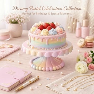 May include: A pastel-colored cake on a decorative cake stand, topped with strawberries and frosting. The cake is part of the "Dreamy Pastel Celebration Collection". Other items include a pink journal, pen, jewelry, and macarons.