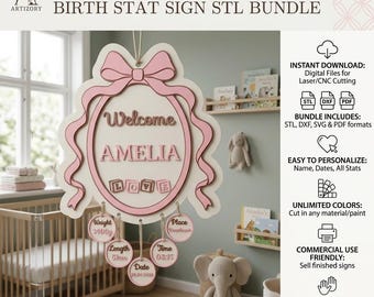 "Personalisiertes Baby-Geburts-Stat-Zeichen ""STL"", benutzerdefinierte Neugeborenen Name 3D Druckdatei, Kinderzimmer Wanddekoration, Baby-Andenken Geschenk."