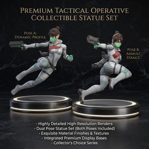 May include: A collectible statue set featuring two figures in dynamic poses. The figures are dressed in white and gray tactical gear, holding guns, and wearing green face coverings. The text reads "PREMIUM TACTICAL OPERATIVE COLLECTIBLE STATUE SET."
