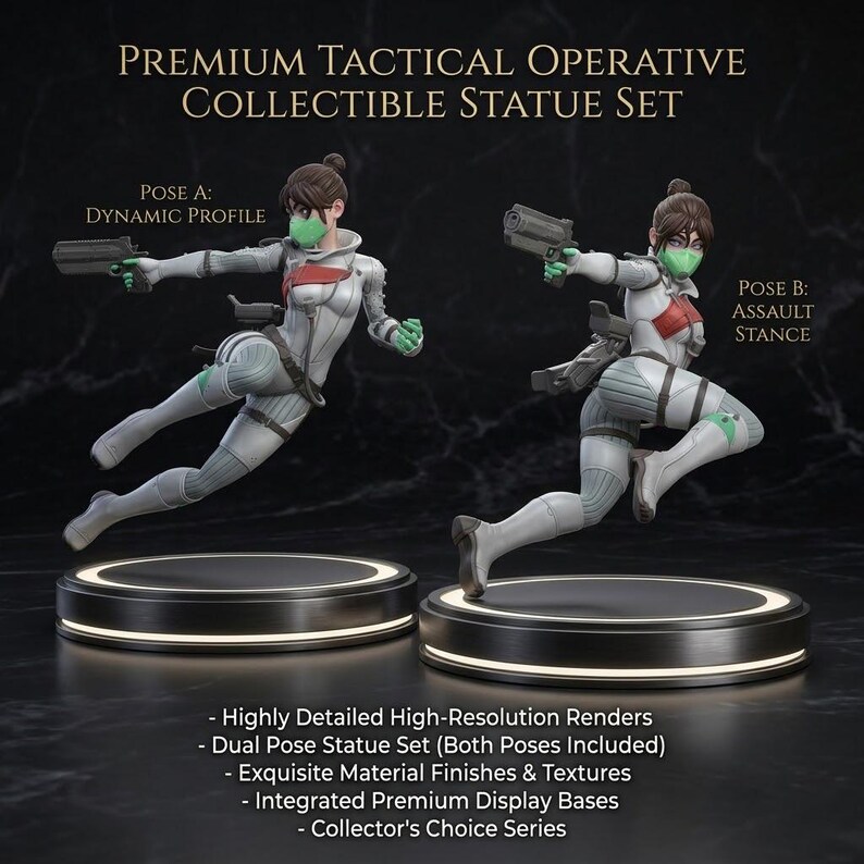 May include: A collectible statue set featuring two figures in dynamic poses. The figures are dressed in white and gray tactical gear, holding guns, and wearing green face coverings. The text reads "PREMIUM TACTICAL OPERATIVE COLLECTIBLE STATUE SET."